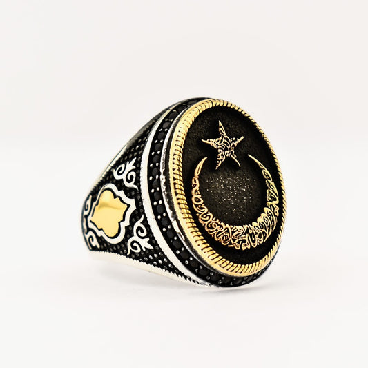 Crescent Moon Star Mens 925s Silver Ring