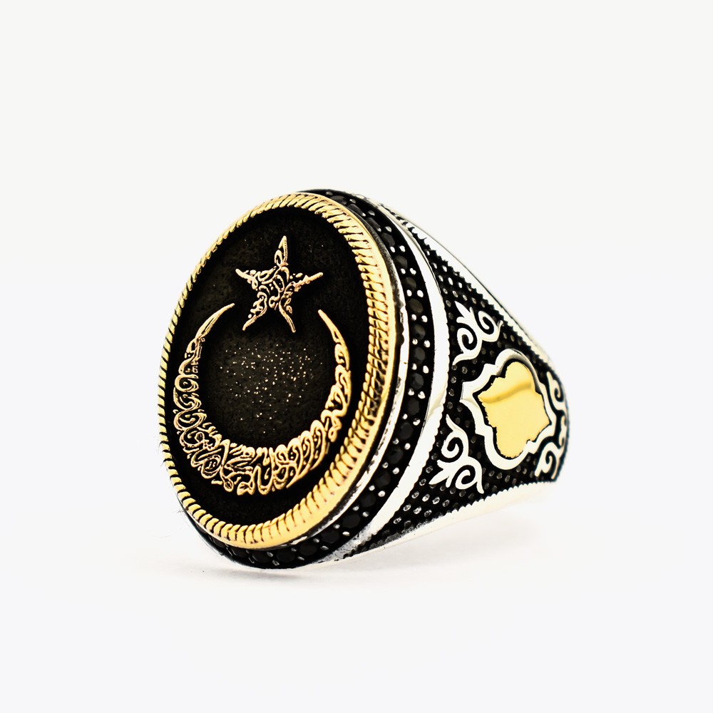 Crescent Moon Star Mens 925s Silver Ring