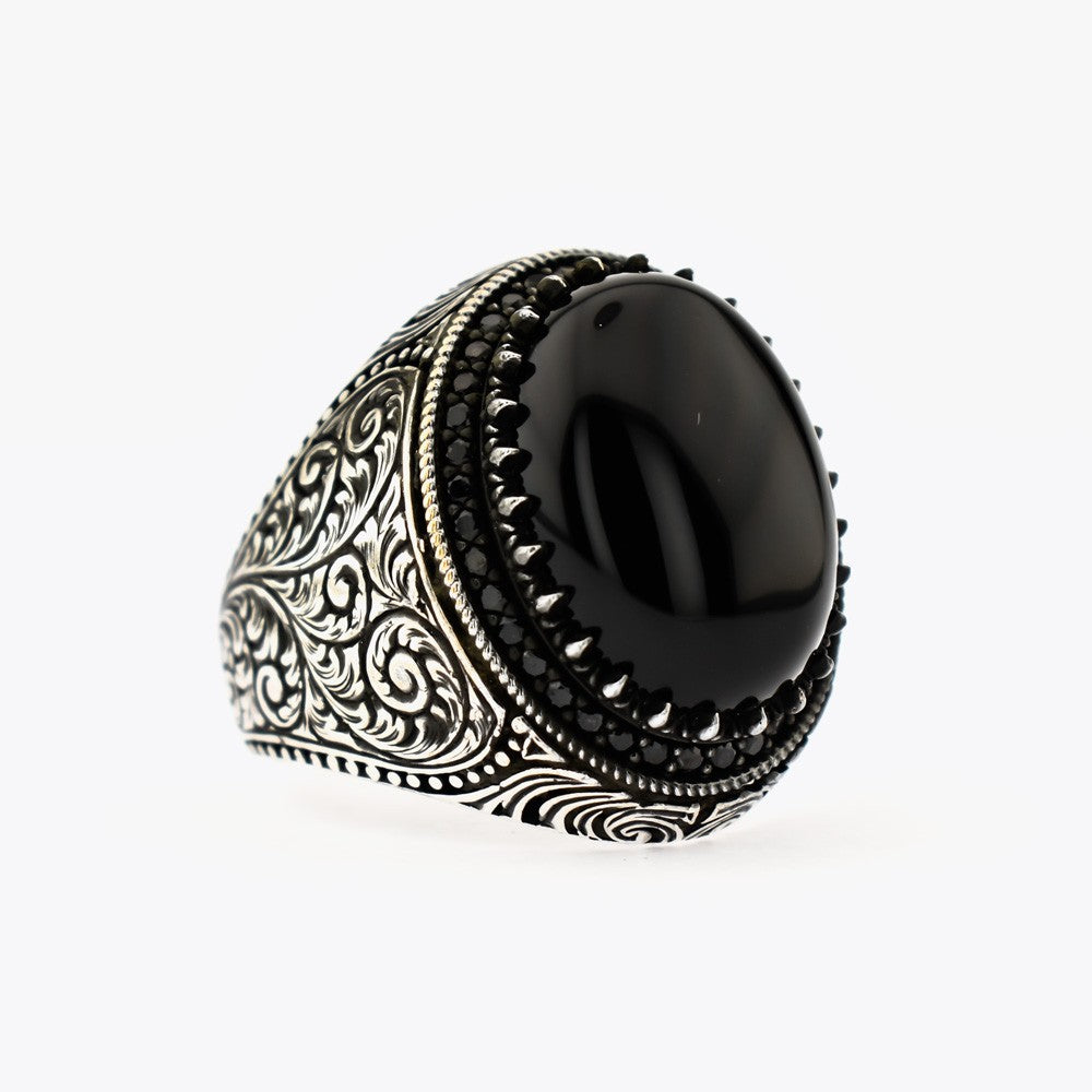 Black Onyx Stone Silver Men's Ring