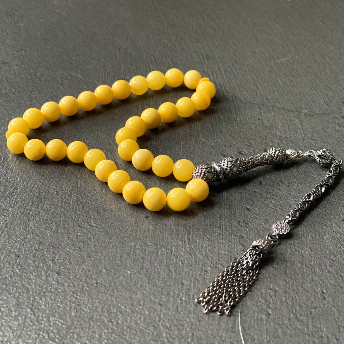 Genuine Amber Prayer Beads w Silver Tessel