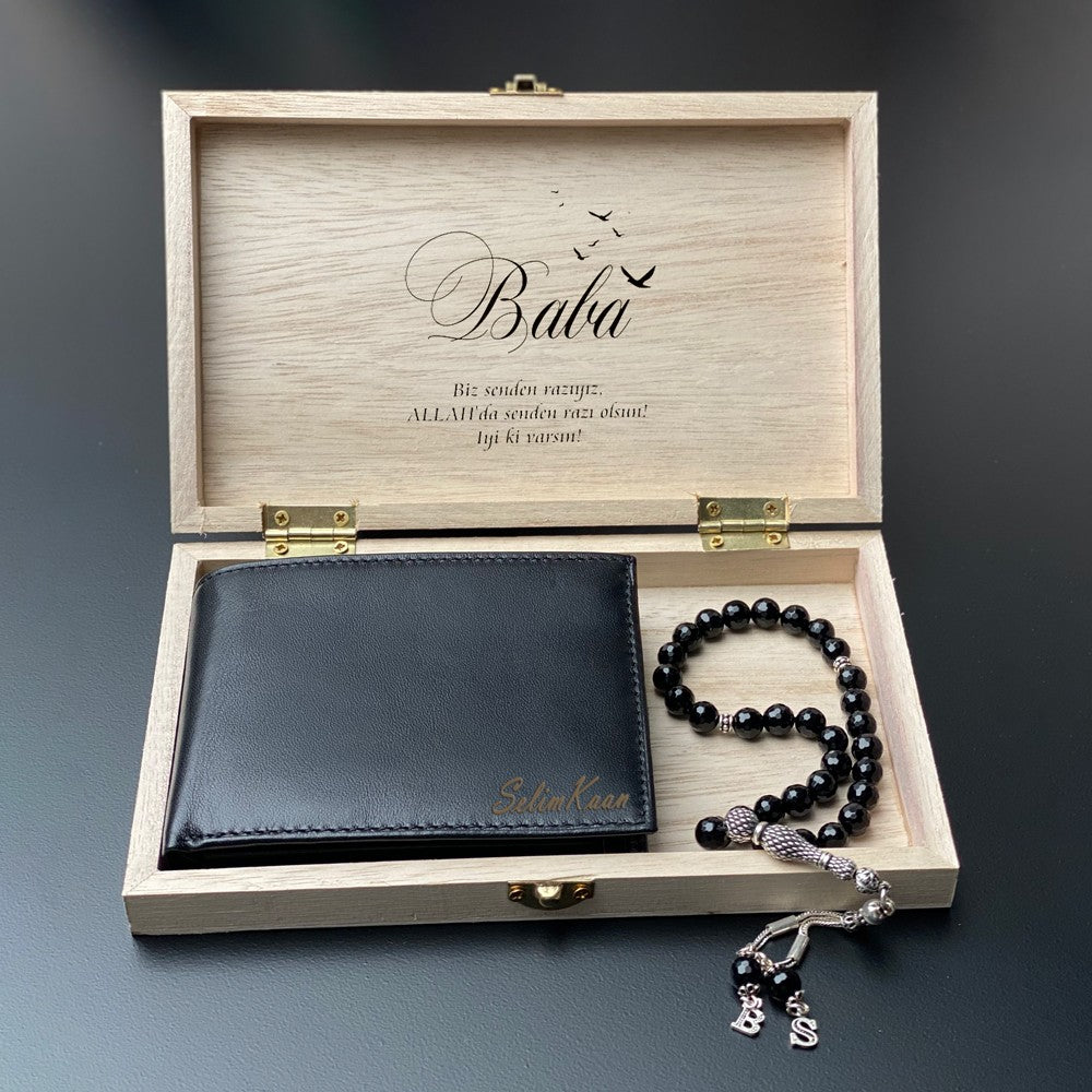 Personalized Gift Set Leather Wallet, Prayer Beads & Gift Box