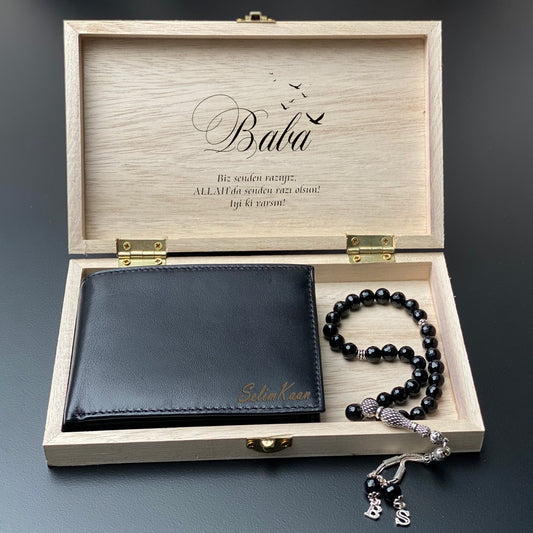 Personalized Gift Set Leather Wallet, Prayer Beads & Gift Box