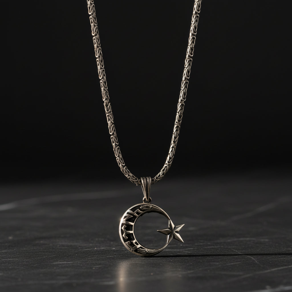 2.2 mm King Zincirli Göktürkçe Turkish Written Moon Star Necklace