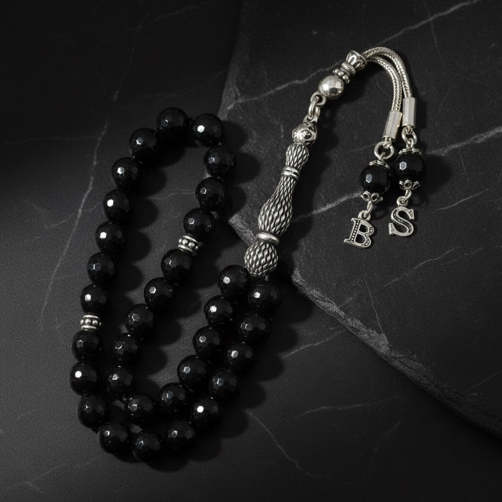925 Sterling Silver Letter Onyx Natural Stone Rosary