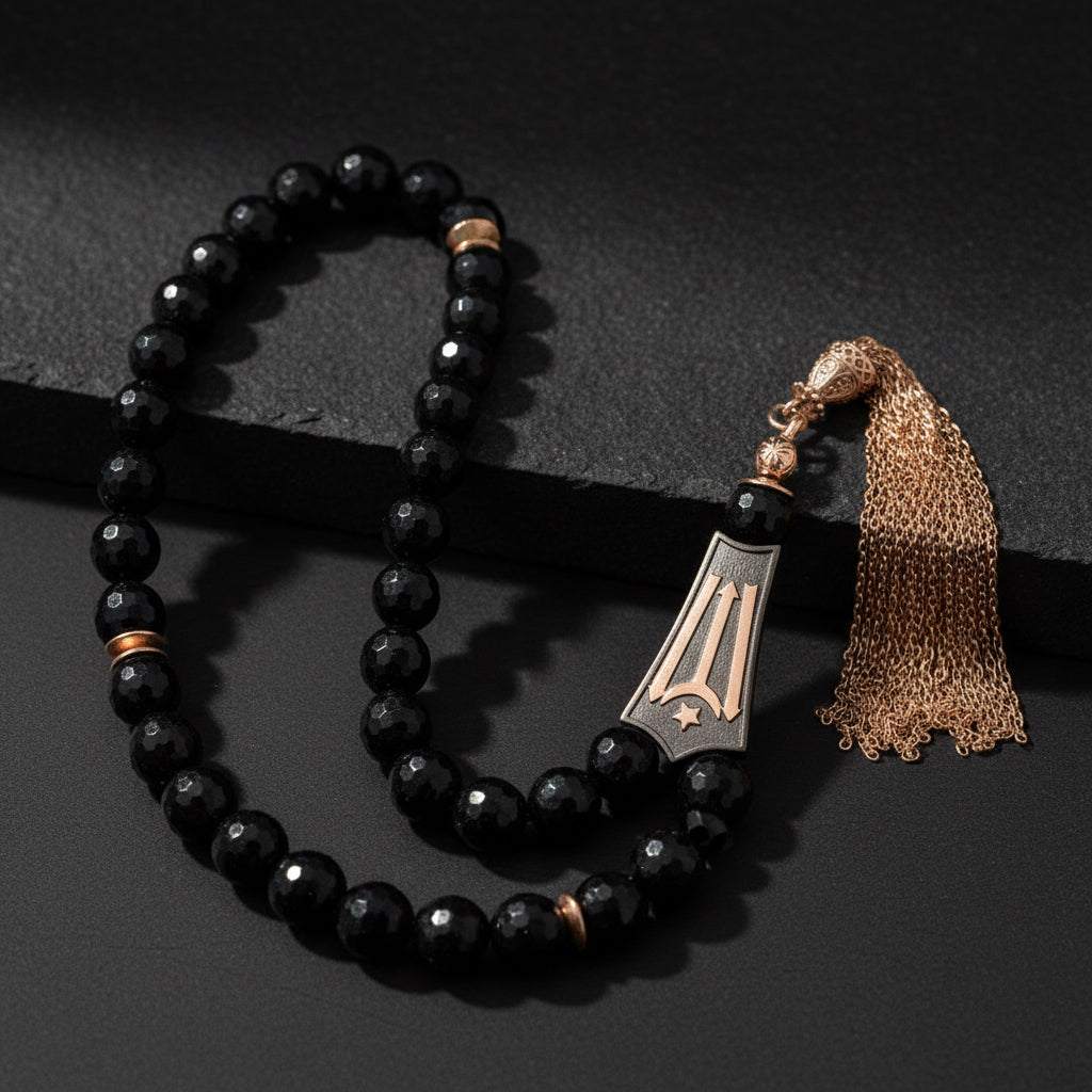 Kayı Length Imameli Onyxed Silver Rosary