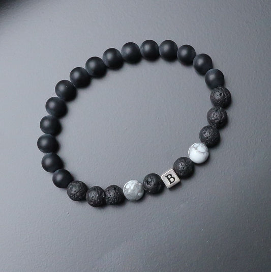 Lav & Onyx Stone Initials Silver Bracelet