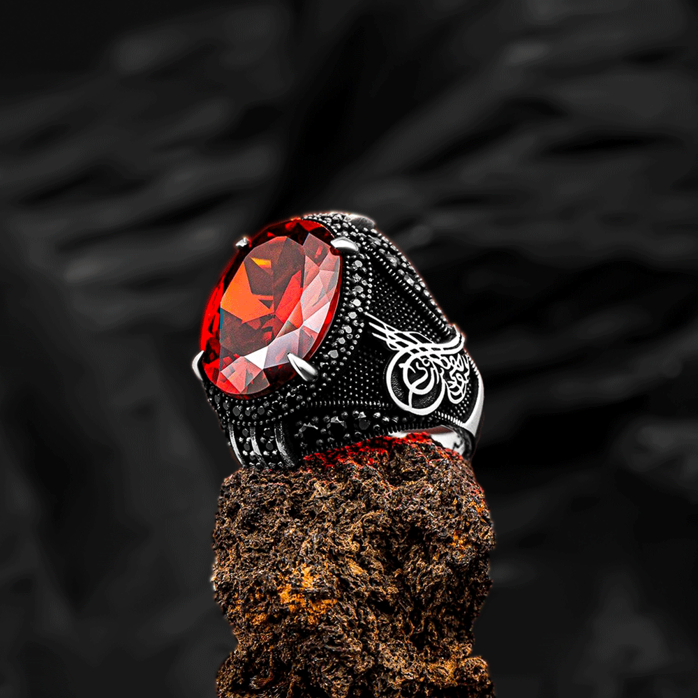 Red Zircon Stone Osmanlı Silver Ring