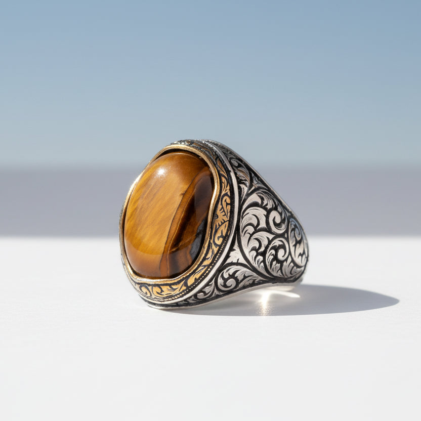 Tiger eyes with stony men's silver ring