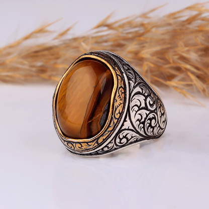 Tiger eyes with stony men's silver ring