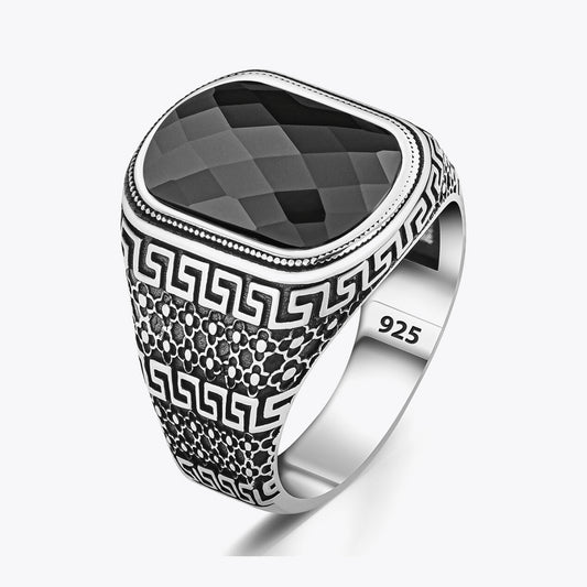 Black Zircon Stone Men's Sterling Silver Ring