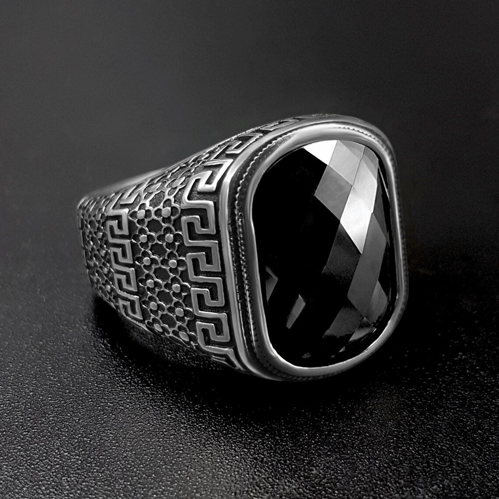 Black Zircon Stone Men's Sterling Silver Ring