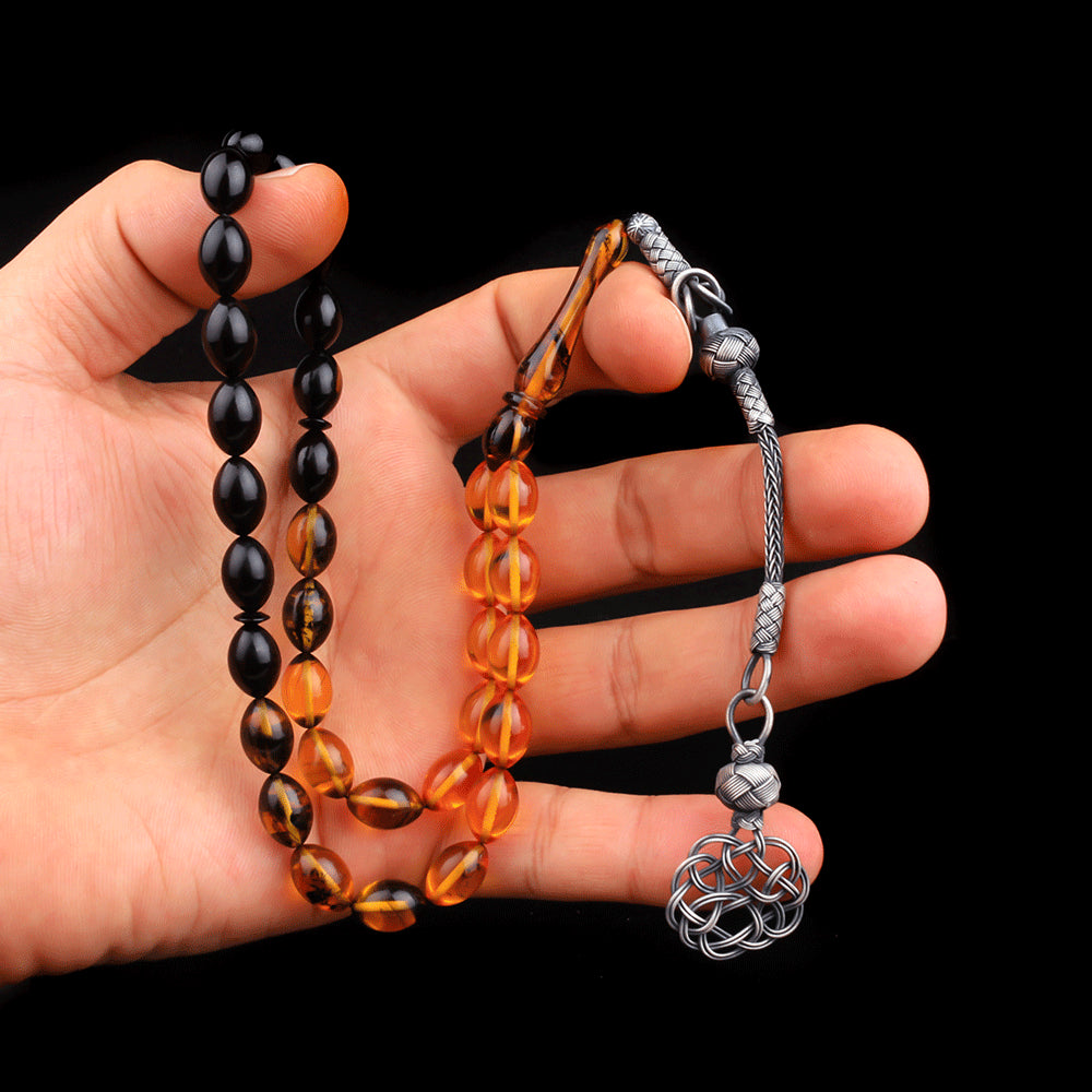 2022 men accessory stone beads new handmade round Quality 1000 sterling silver 2024 Kazaziye Fire Amber Rosary