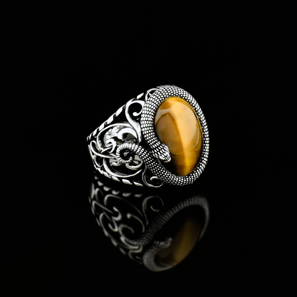 Snake Design With Tiger Eye Stone Silver Ring