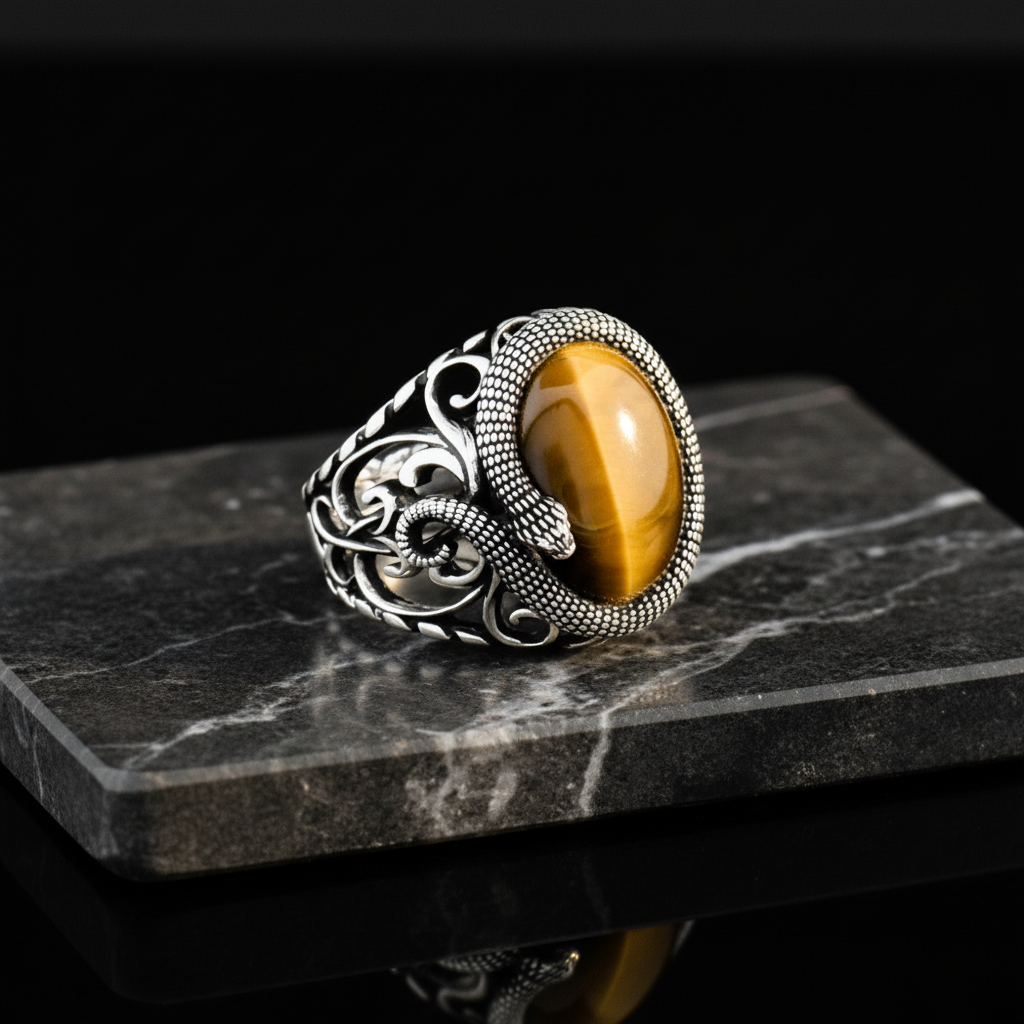 Tiger Eye Stone Snake Design Silver Ring
