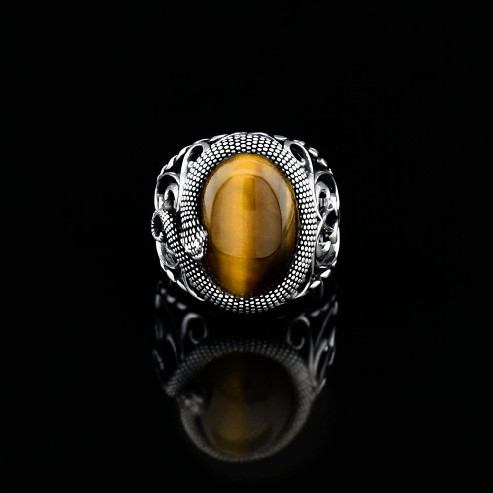 Snake Design With Tiger Eye Stone Silver Ring