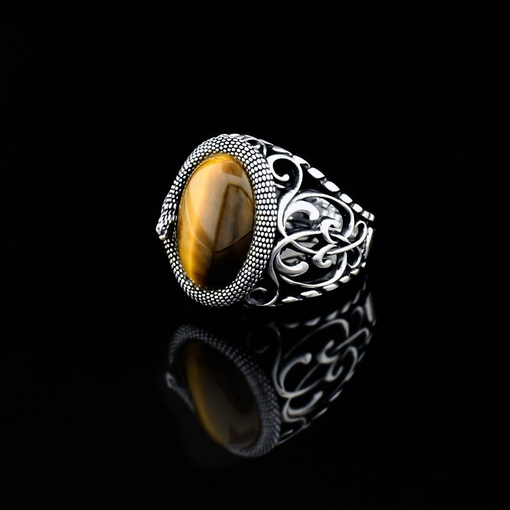 Snake Design With Tiger Eye Stone Silver Ring