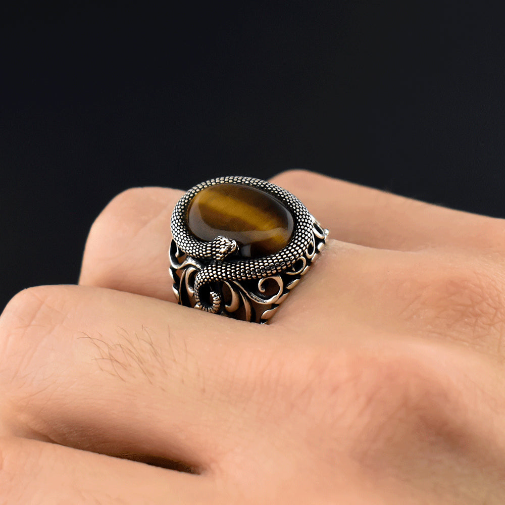 Snake Design With Tiger Eye Stone Silver Ring