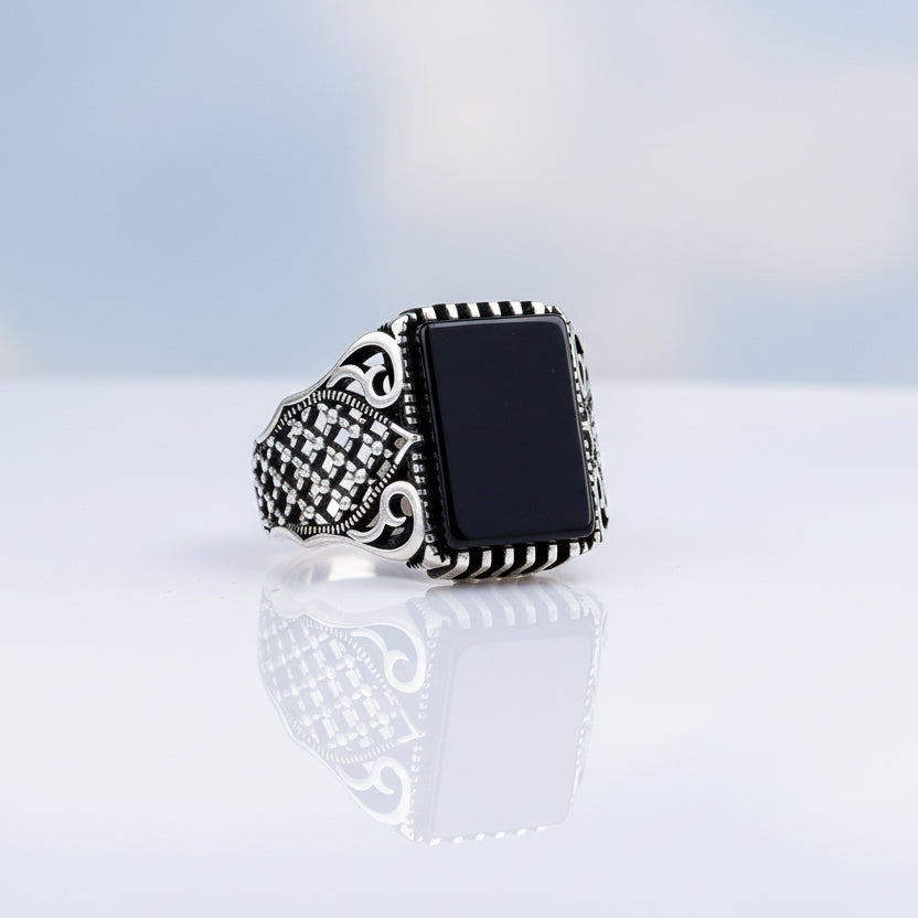 Black Onyx Stone Men's Silver Ring