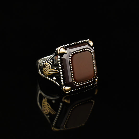 Ottoman Tugra Agate Stone Silver Ring