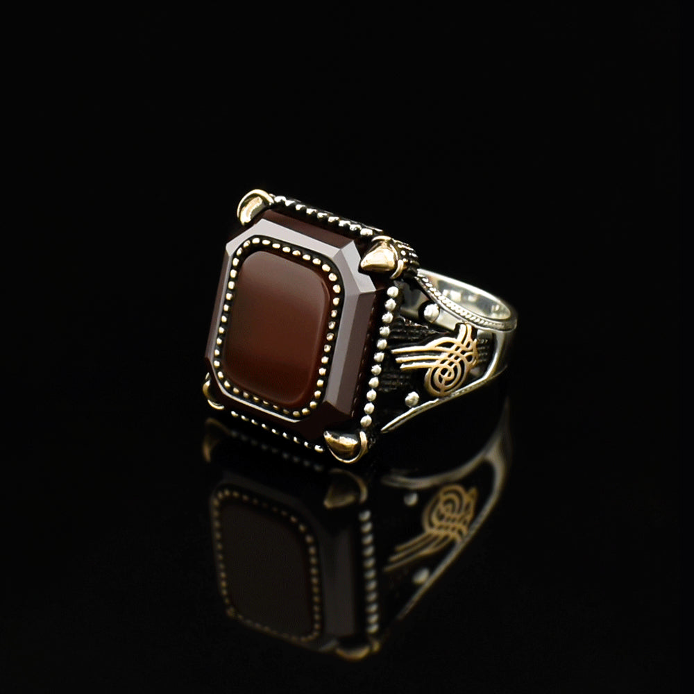 Ottoman Tugra Agate Stone Silver Ring