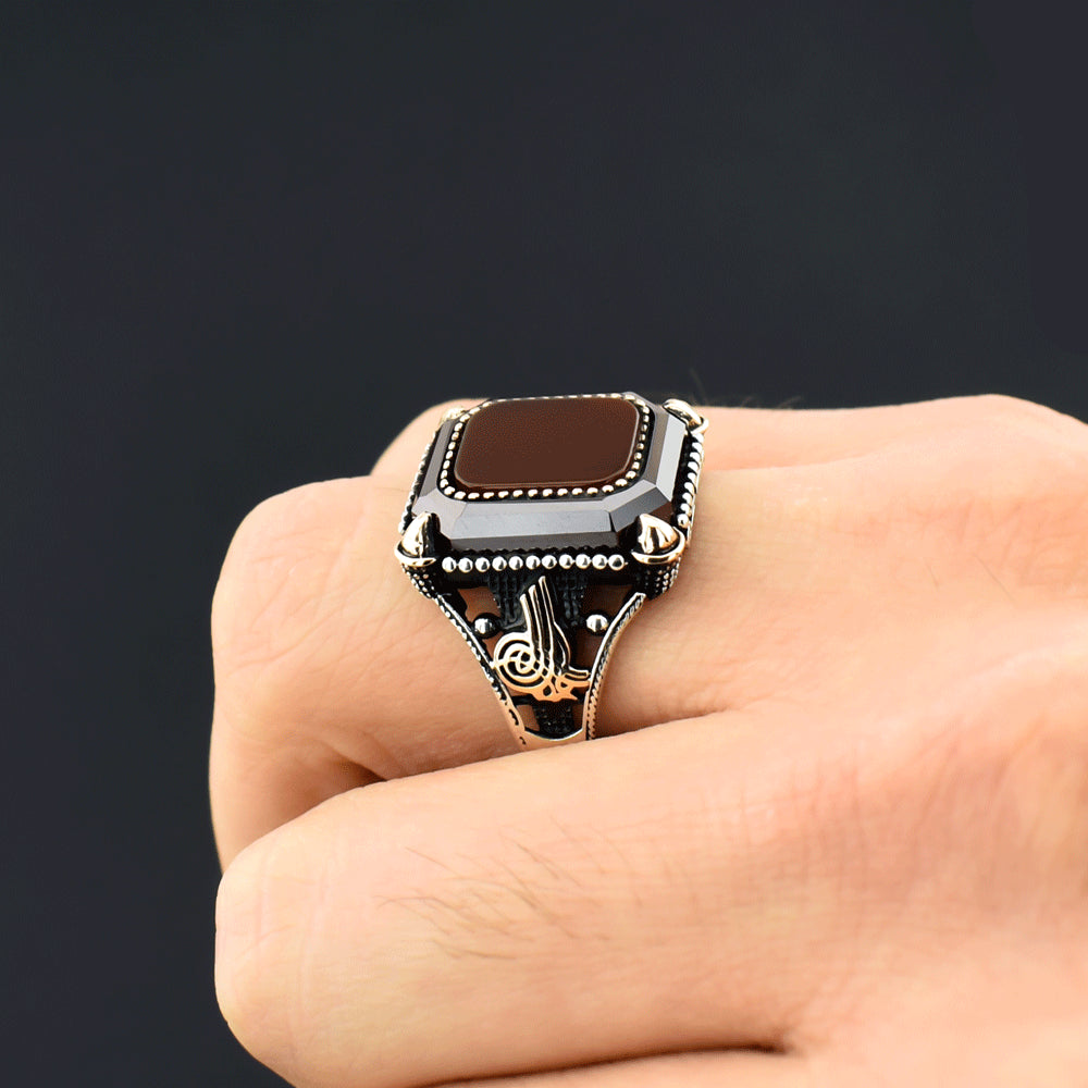 Ottoman Tugra Agate Stone Silver Ring