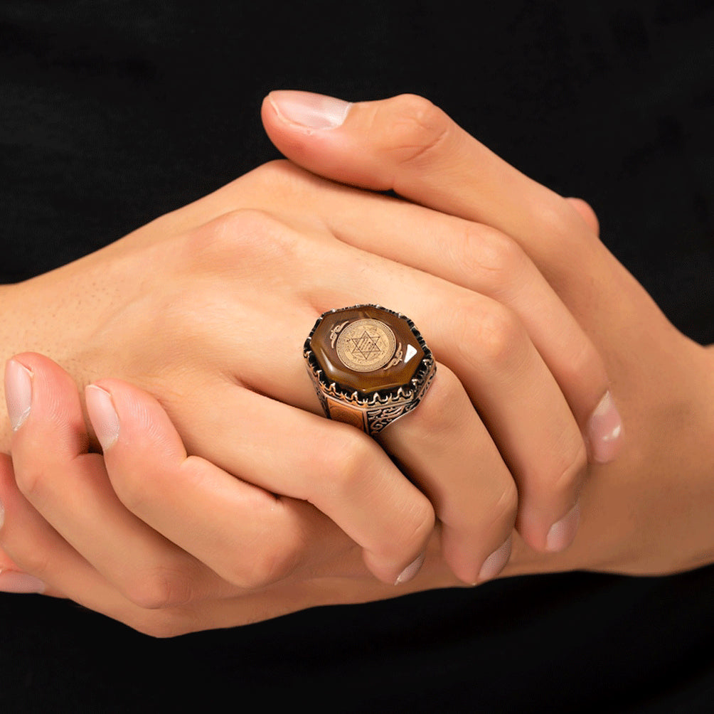 Seal of Prophet Solomon with Amber Stone Silver Ring