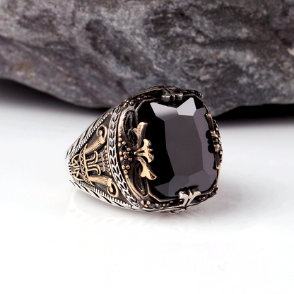 Black Zircon Stone Men's Silver Ring