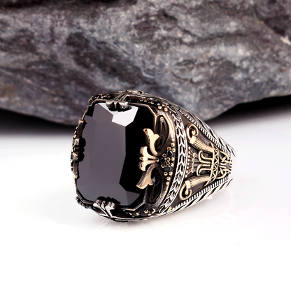 Black Zircon Stone Men's Silver Ring