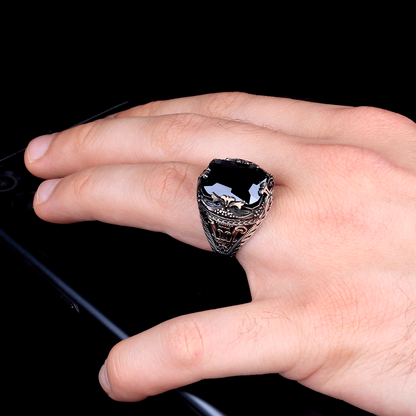 Black Zircon Stone Men's Silver Ring