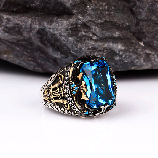 Blue Topaz Stone Men's Sterling Silver Ring