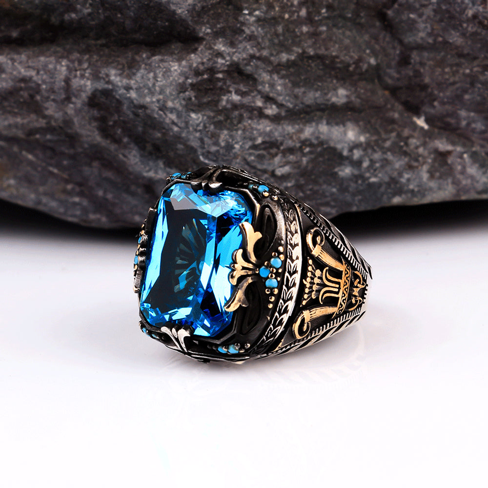 Blue Topaz Stone Men's Sterling Silver Ring