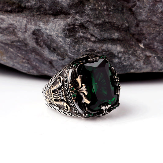 Green Zircon Stone Men's Sterling Silver Ring