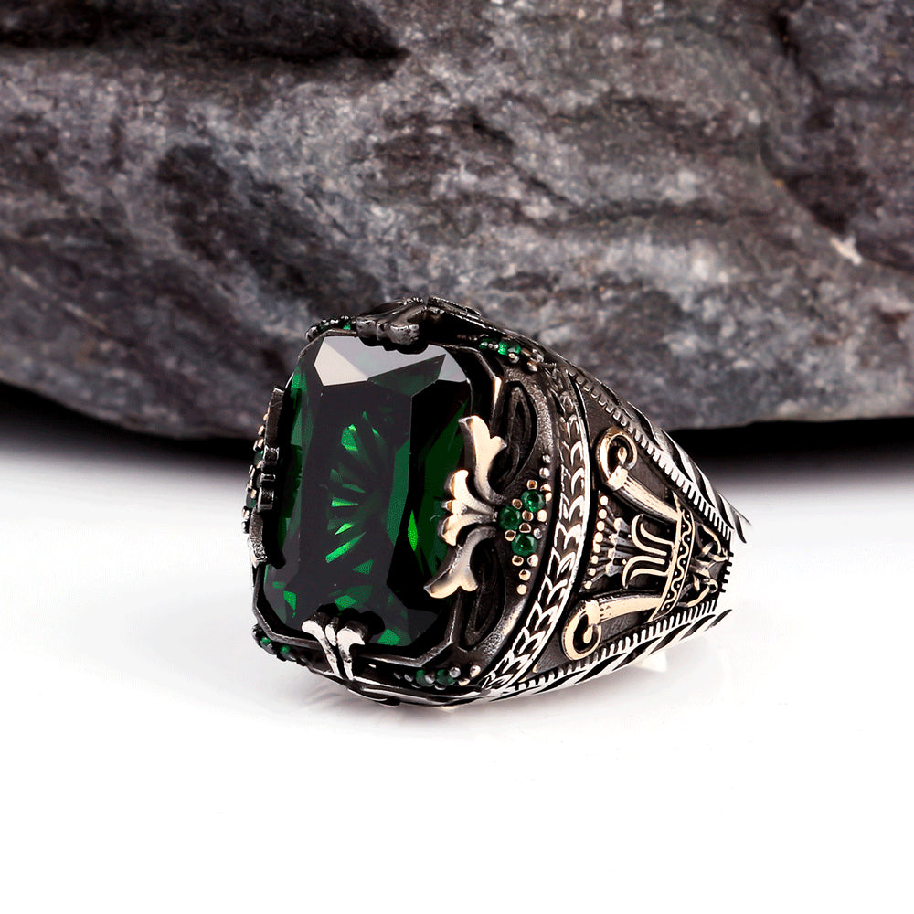 Green Zircon Stone Men's Sterling Silver Ring