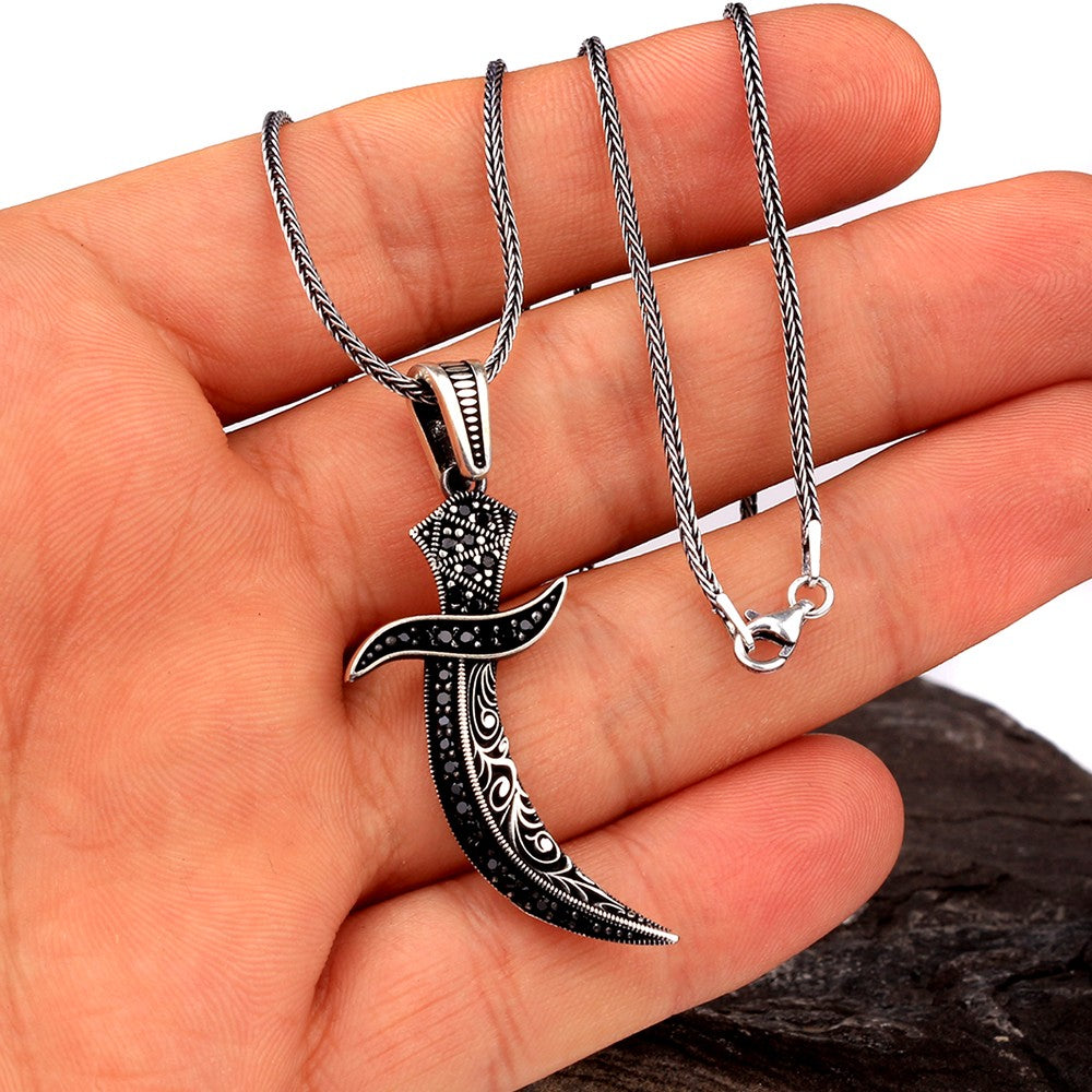 Sword of Zulfiqar Silver Men's Necklace with Zircon Stone