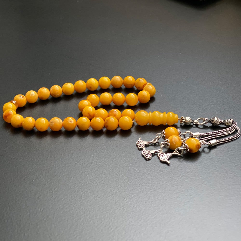 Genuine Amber Prayer Beads w Silver Tessel