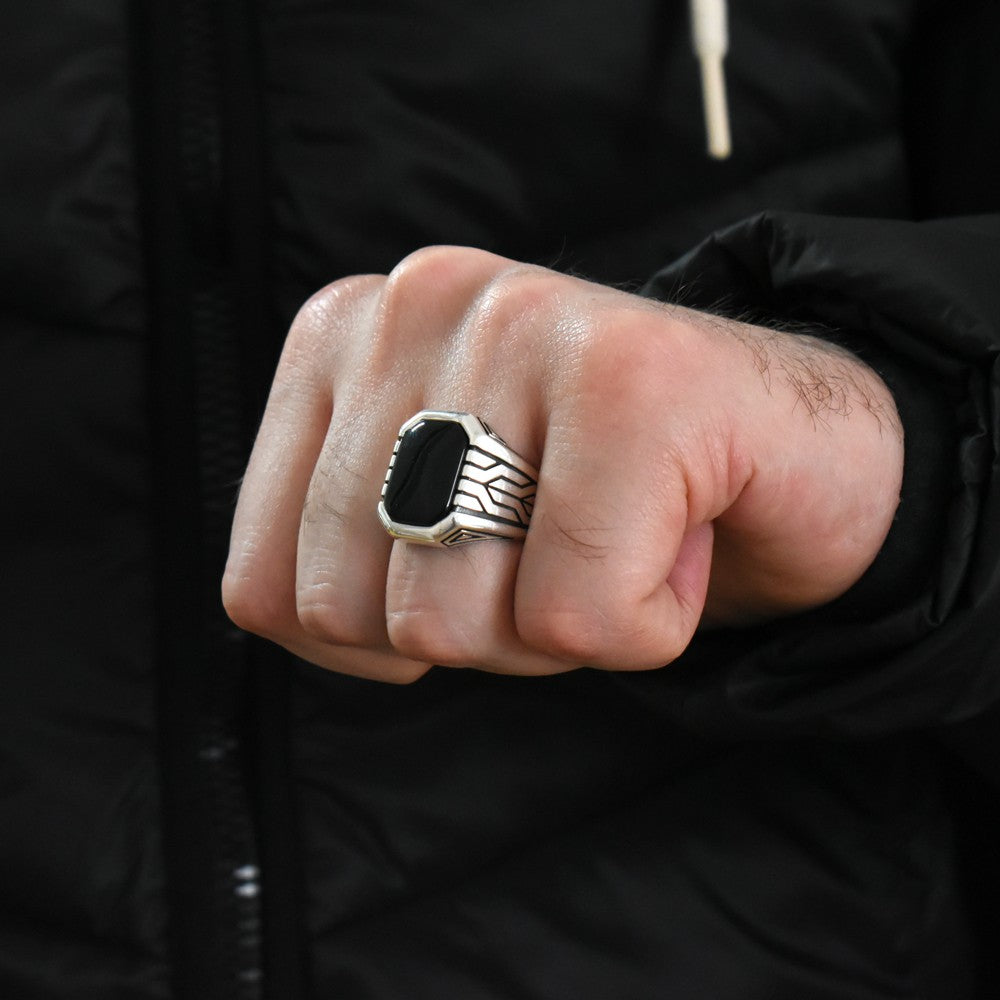 Schwarzer Onyx Stein Herrenring aus Sterlingsilber