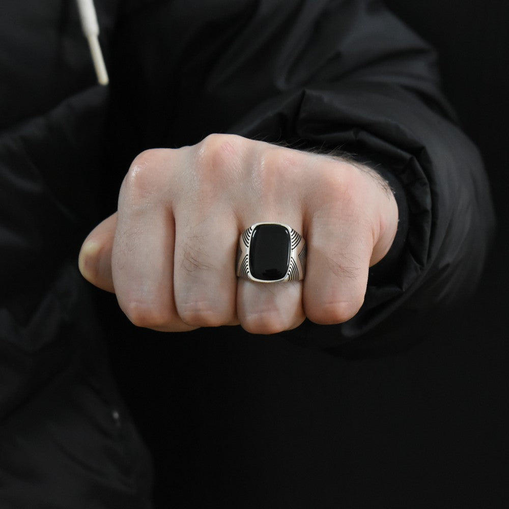 Black Onyx Stone Men's Sterling Silver Ring