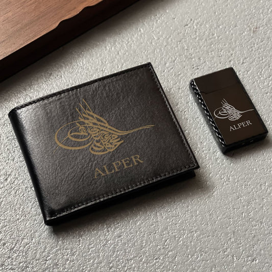 Personalized Leather Wallet & Lighter Set