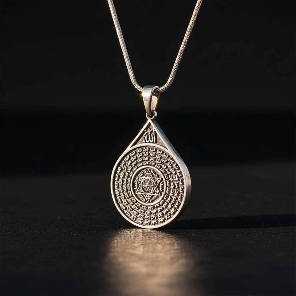 925 Sterling Silver Men's Necklace with Esmaül Hüsna and Seal of Hz. Süleyman