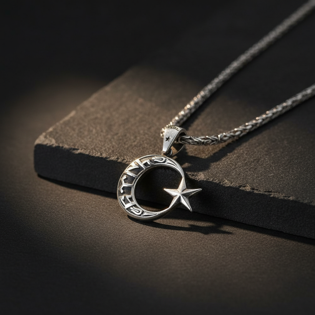 2.2 mm King Zincirli Göktürkçe Turkish Written Moon Star Necklace
