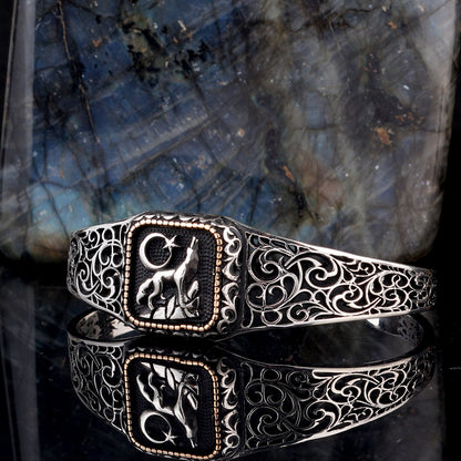Bozkurt et Moon Star Motif 925 Bracelet pour hommes en argent sterling