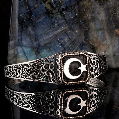 Ay Yıldız Motifli 925 Ayar Gümüş Erkek Bileklik