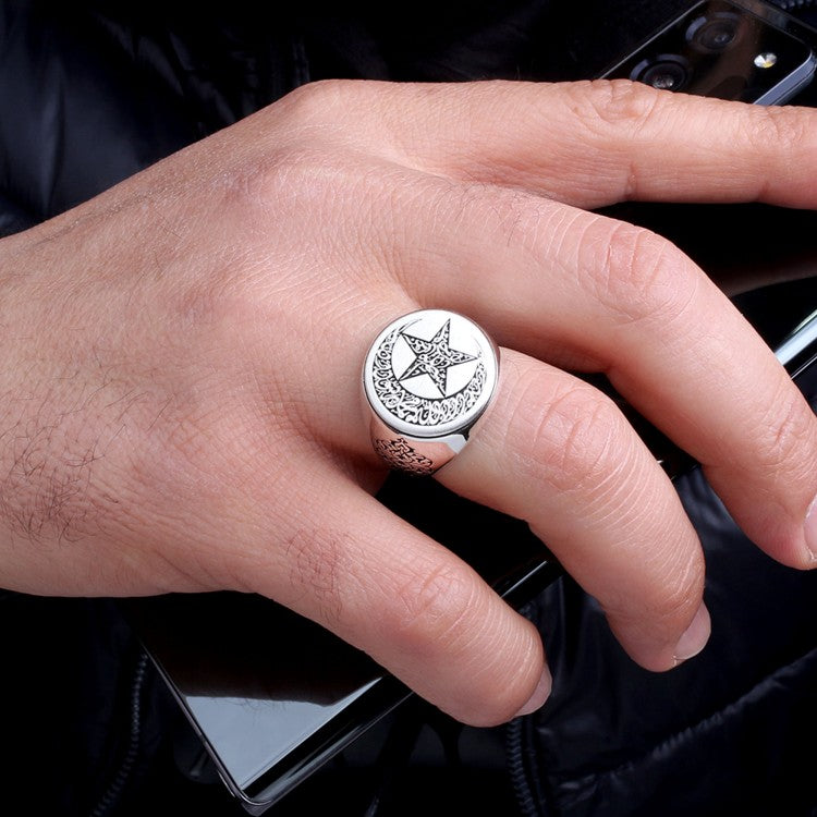 925 Sterling Silver Ayyıldız Model Word-i Tawhid Written Male Ring
