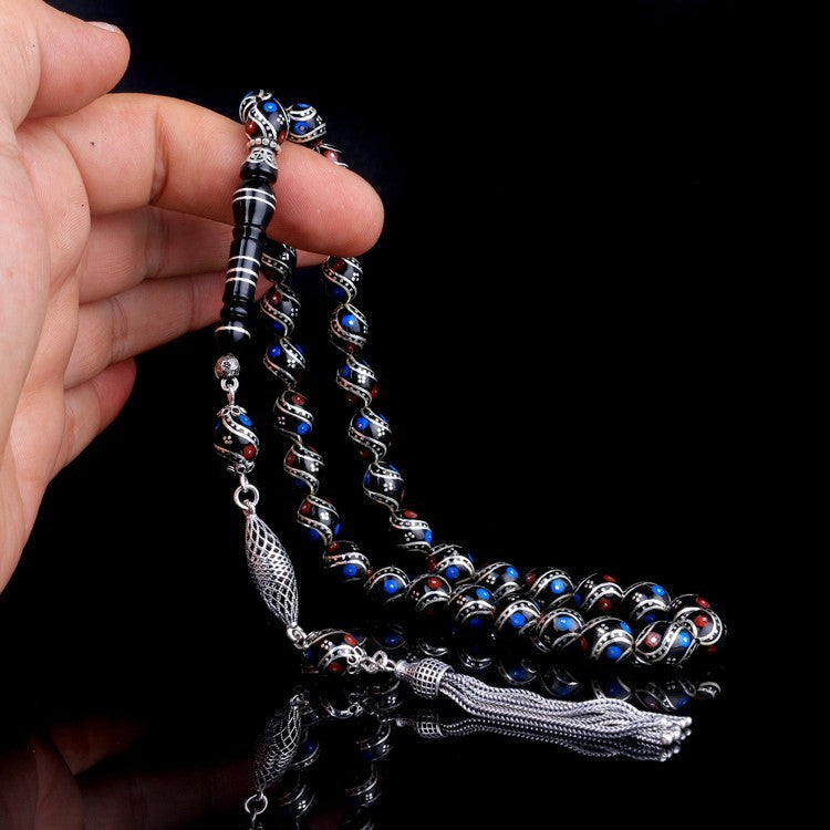 Hand Workmanship Blue Enamel Erzurum Oltu Silver Tesbih