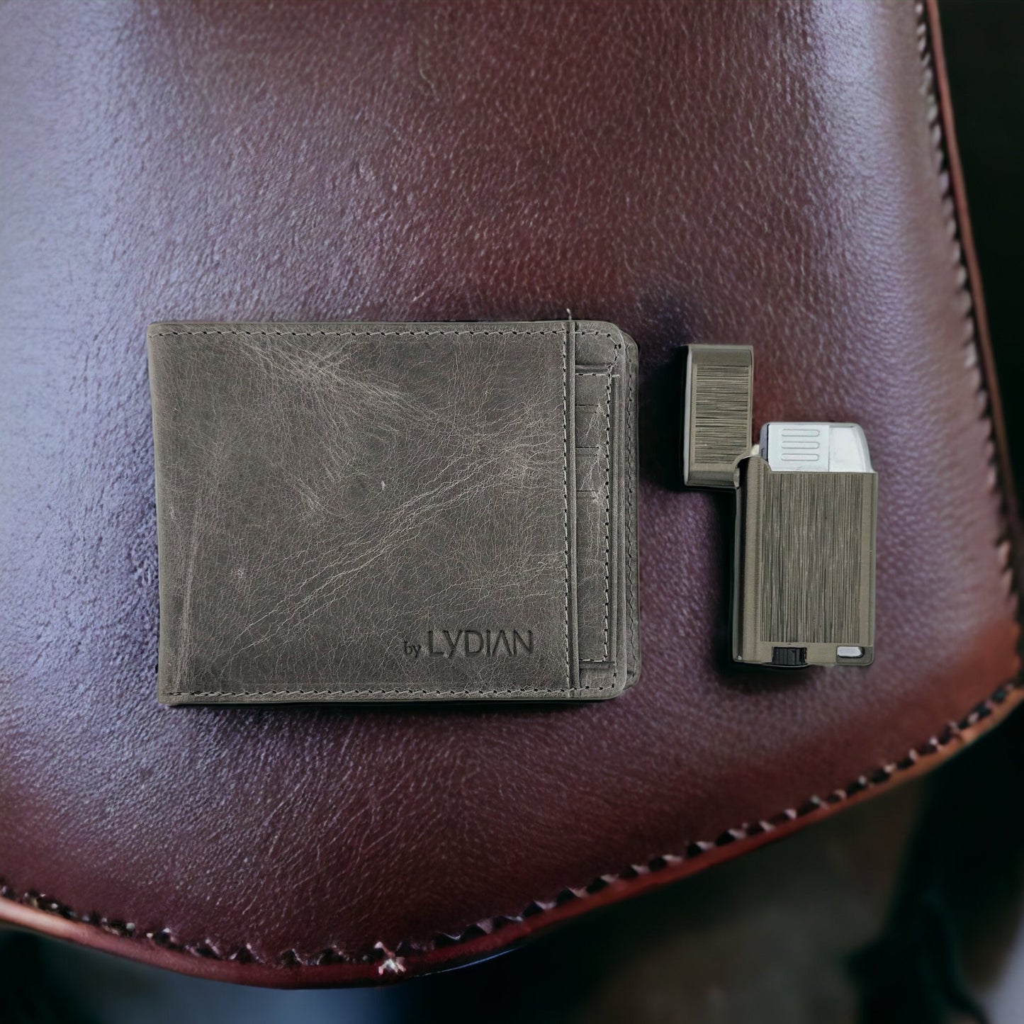 Genuine Leather Wallet Antic Grey Color & Lighter Set