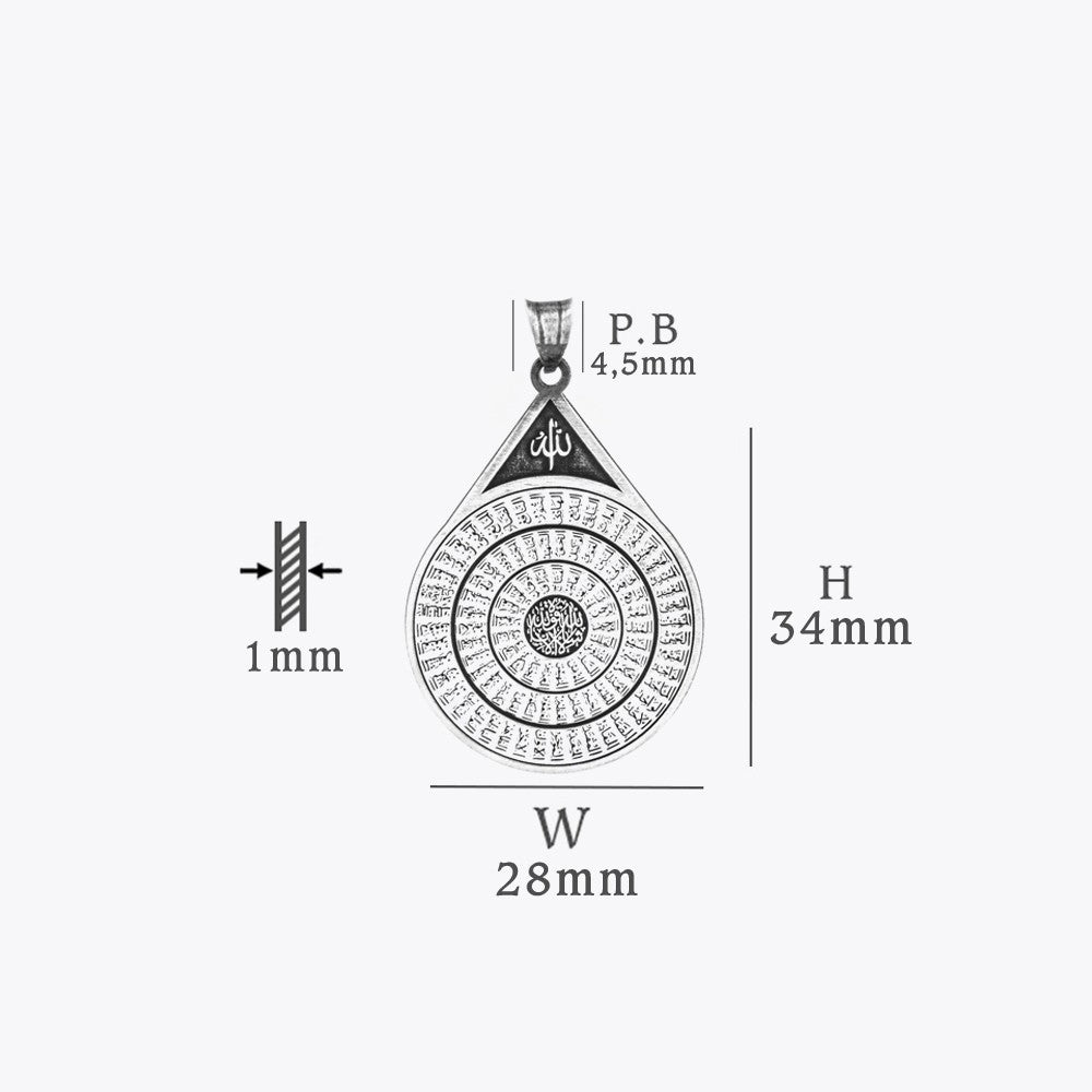 Esma-ül Hüsna ve Nazar Ayeti Dualı Gümüş Kolye