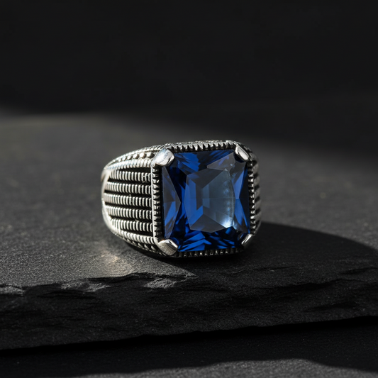 Anneau d'argent pour hommes en pierre de zircon bleu