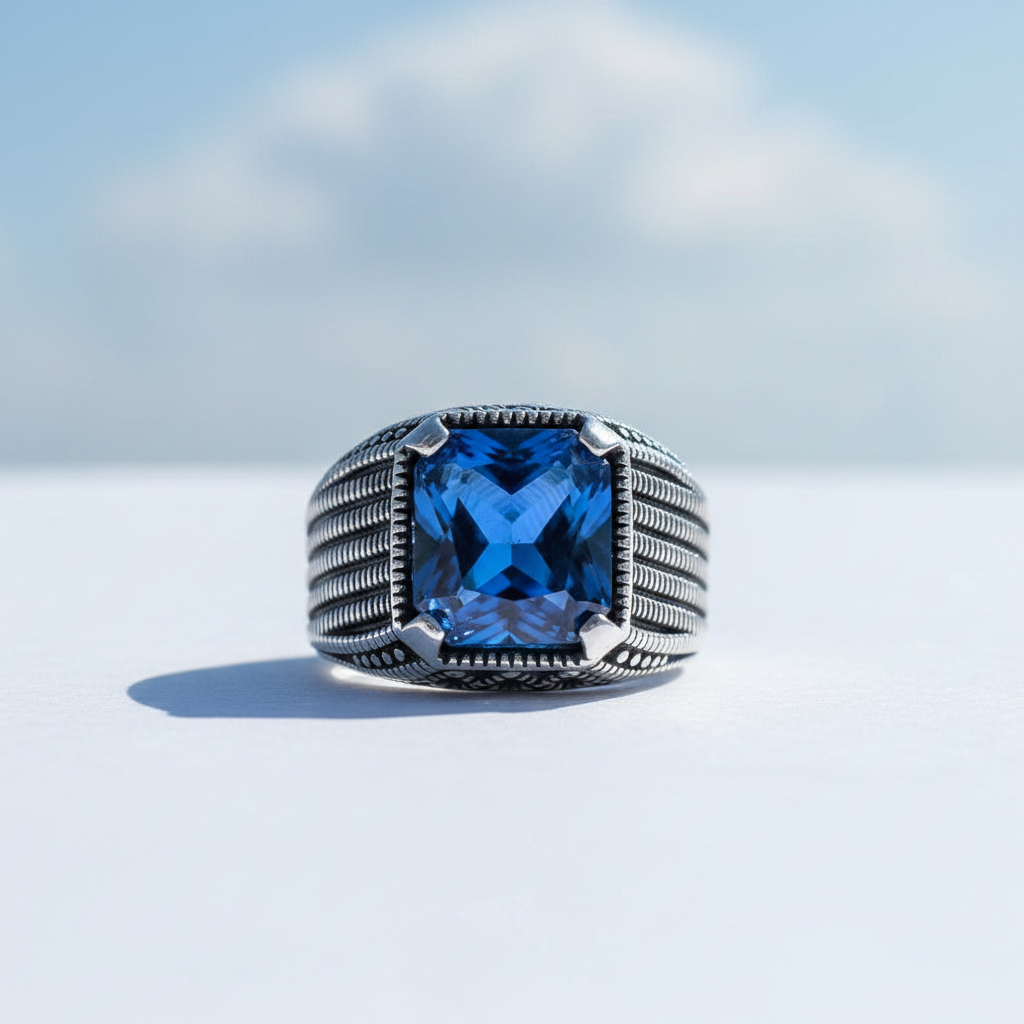 Blue Zircon Stone Men's Silver Ring