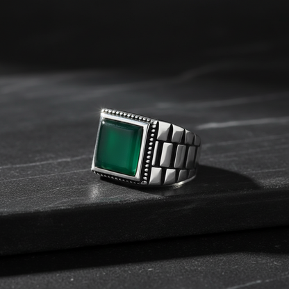 Square Green Agate Stone Men's Silver Ring
