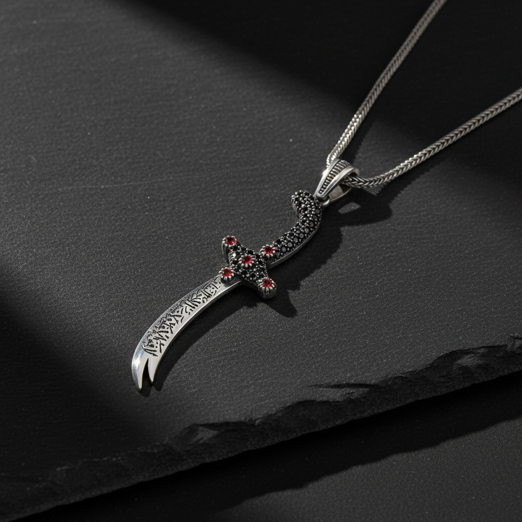 Zirkon Taşlı Zülfikar Kılıcı Erkek Gümüş Kolye